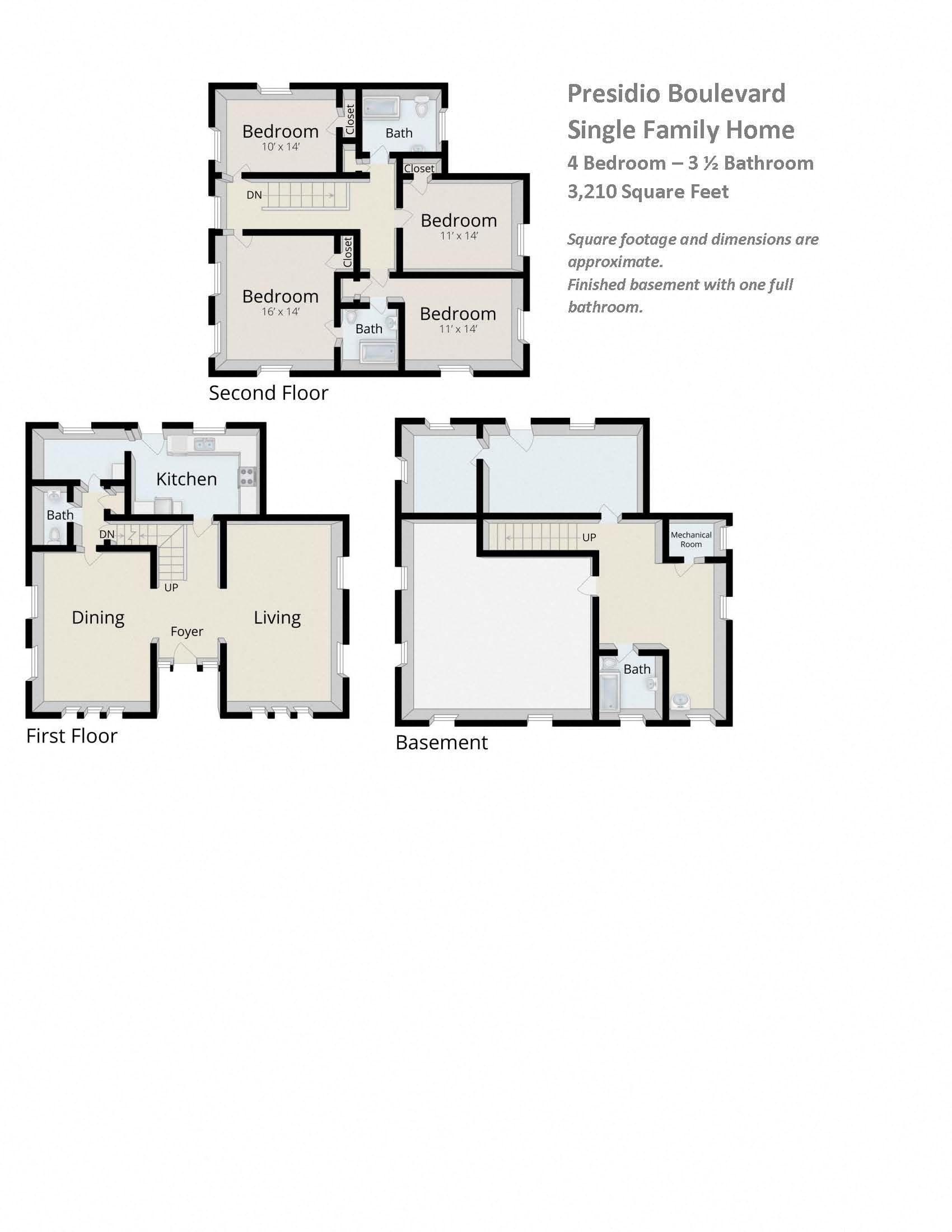 Floor plan for 4 beds, 3.5 baths, 3210 sqft